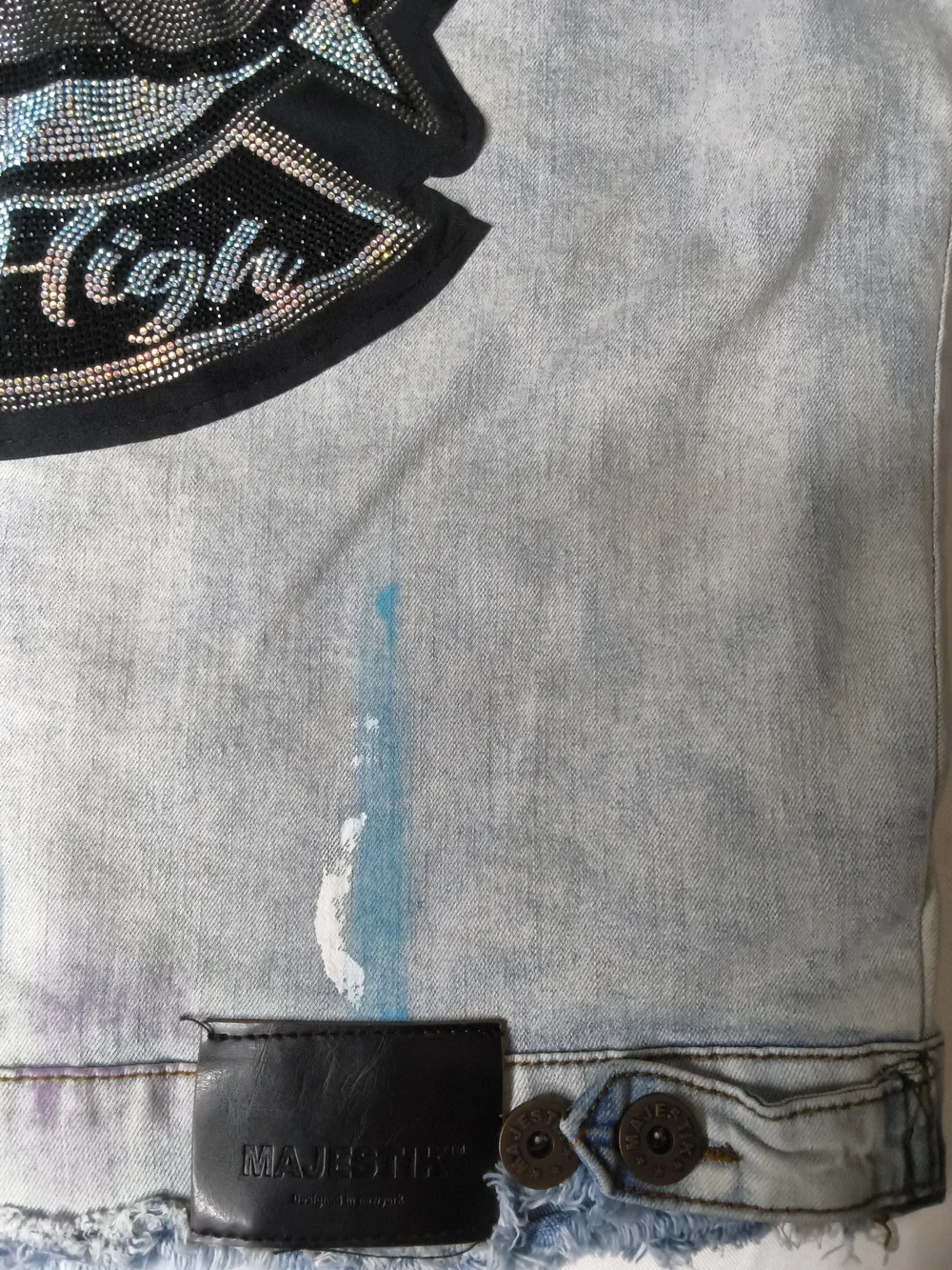 Embellished Light Blue Denim Patch Bomber Jacket